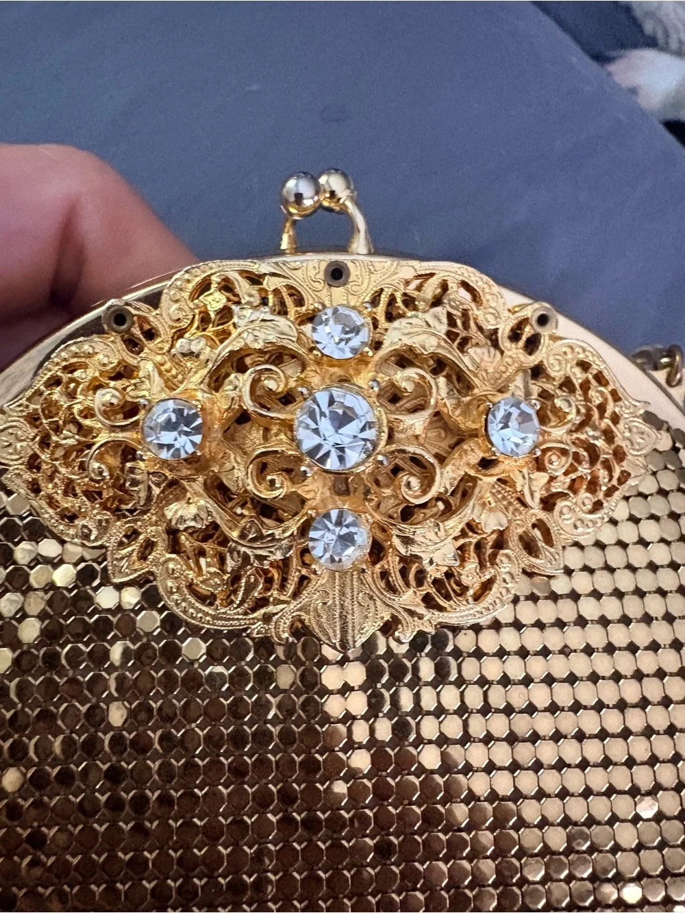 VTG 1960s Whiting Davis Gold Mesh Frame Evening Bag Chain & Crystal Design RARE